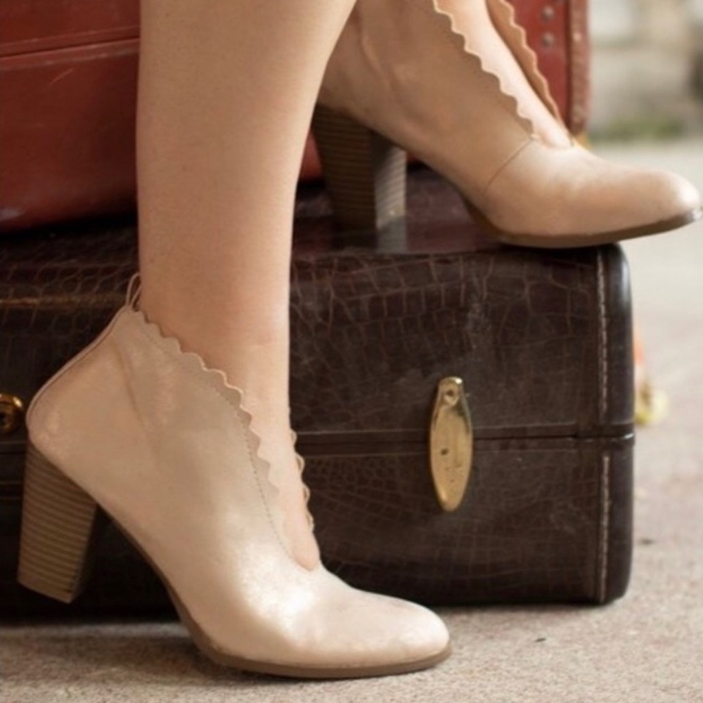 Scalloped Edge Cream Ankle Boots